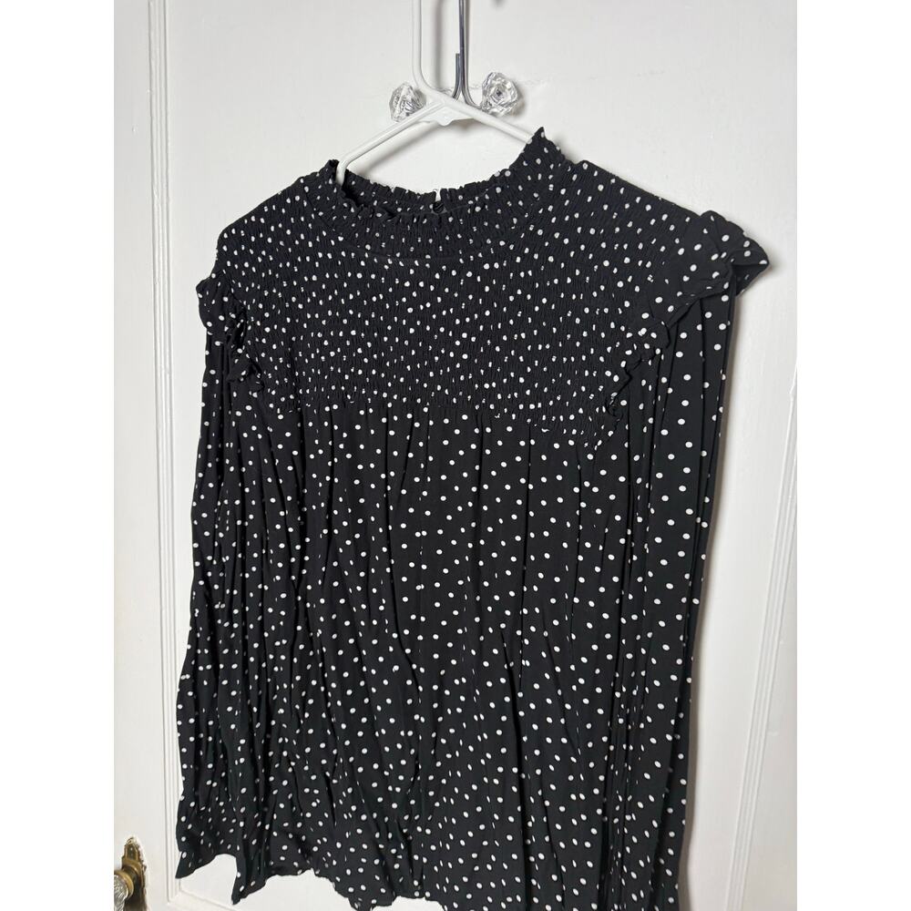 Loft Black White Polka Dot Smocked Ruffle Girly Relaxed Blouse Top Women's XL - Picture 2 of 6